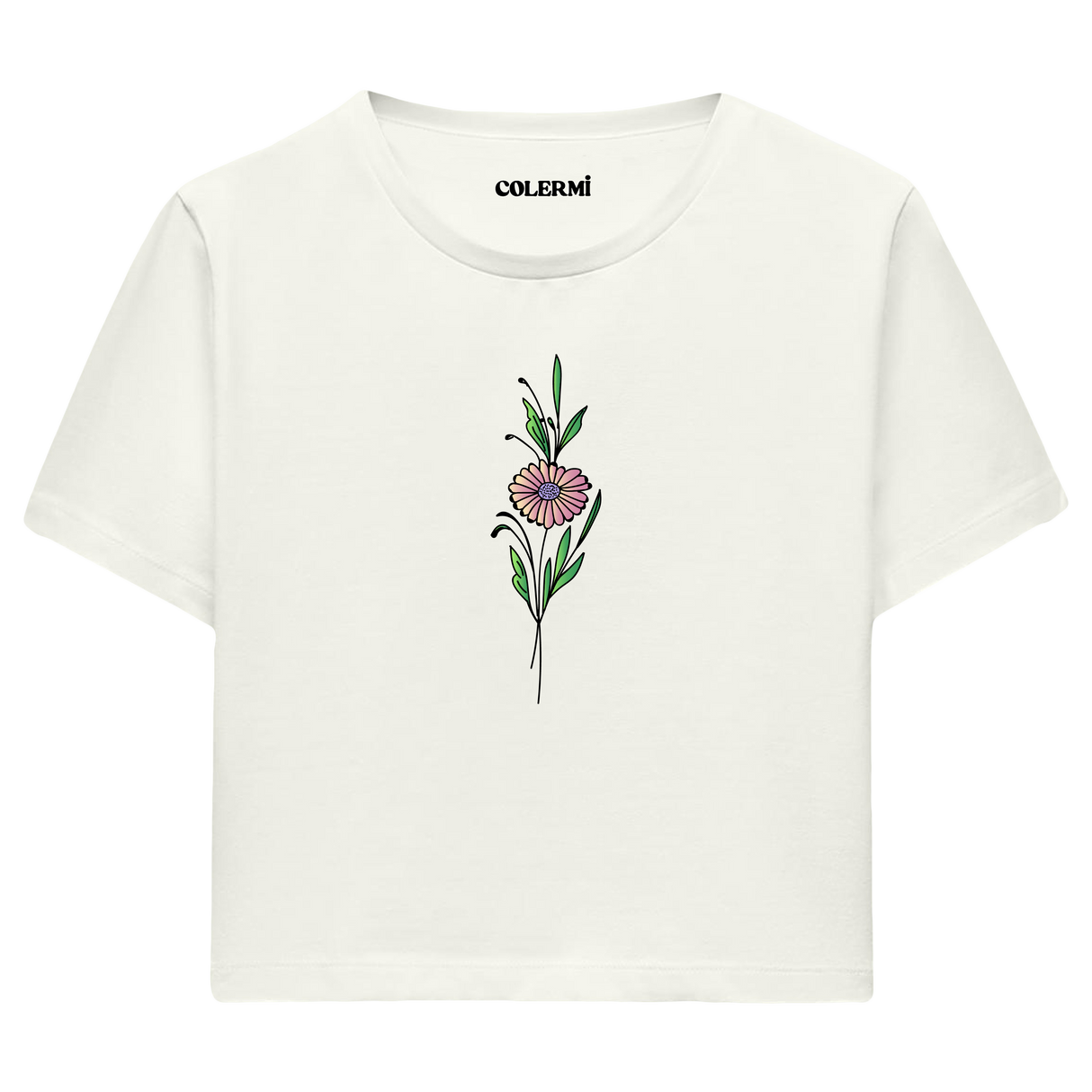 Crop T-Shirt - Minimal Çiçek İllüstrasyonu