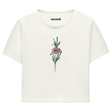 Crop T-Shirt - Minimal Çiçek İllüstrasyonu