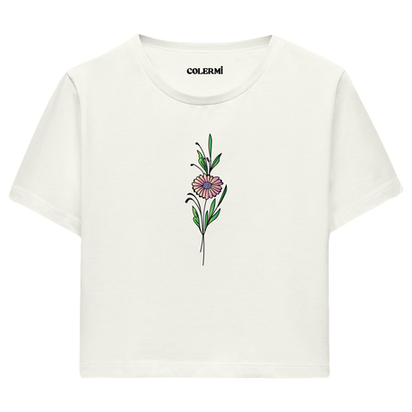 Crop T-Shirt - Minimal Çiçek İllüstrasyonu