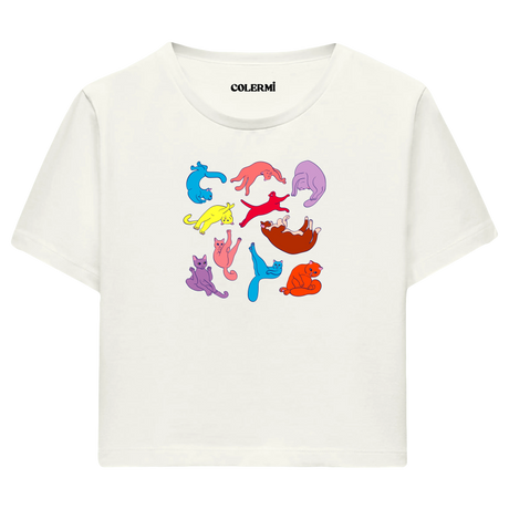 Yoga Crop T-Shirt - Renkli Kedilerin Yoga Pozları