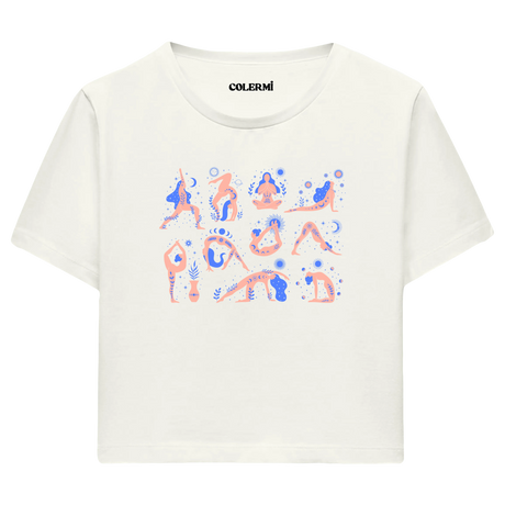 Yoga Crop T-Shirt - Yoga Pozları ve Doğa İllüstrasyonlu Crop T-Shirt
