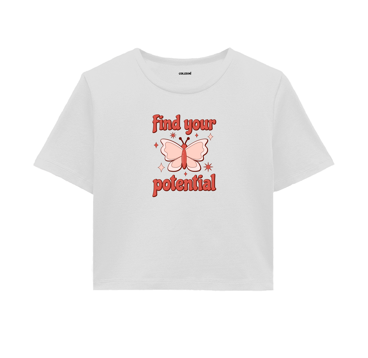 Find Your Potential Crop Top - Bold Red Butterfly Design