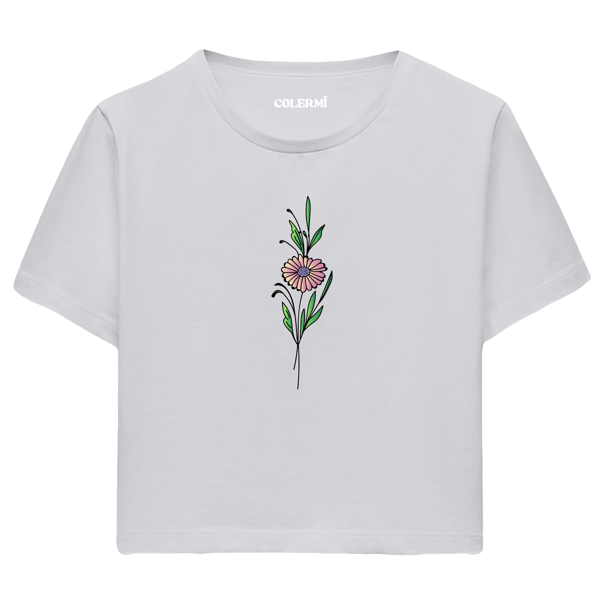 Crop T-Shirt - Minimal Çiçek İllüstrasyonu