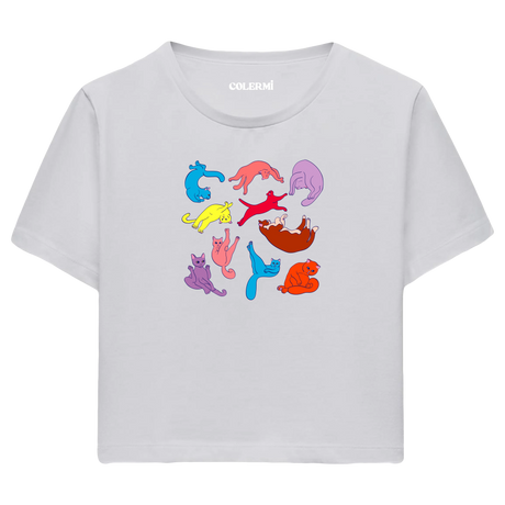 Yoga Crop T-Shirt - Renkli Kedilerin Yoga Pozları