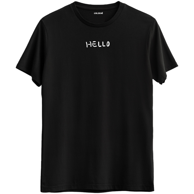 Sade ve modern tarzı yansıtan Hello yazılı siyah Bisiklet Yaka Tshirt, minimal ve şık bir görünüm sunar.