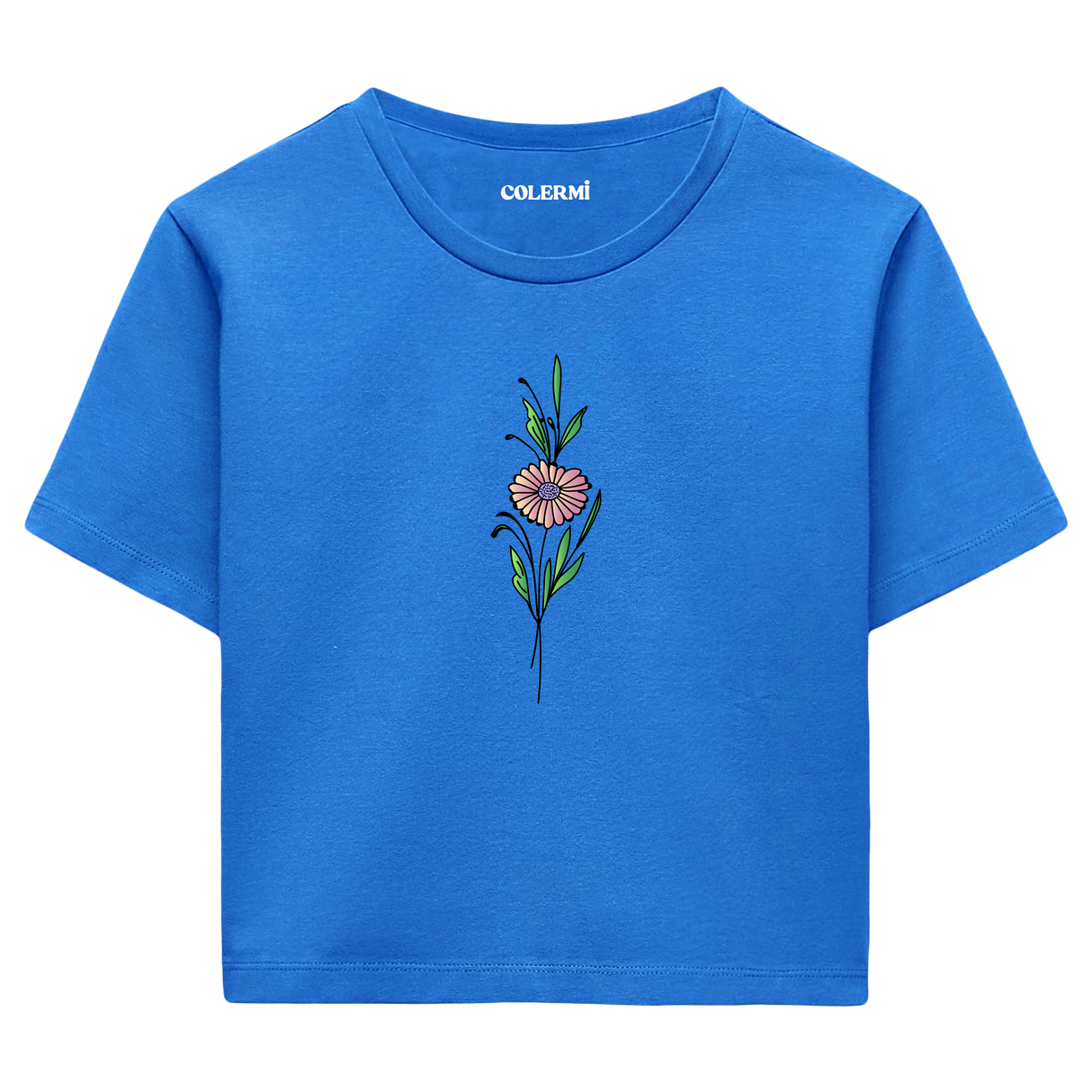 Crop T-Shirt - Minimal Çiçek İllüstrasyonu