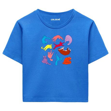 Yoga Crop T-Shirt - Renkli Kedilerin Yoga Pozları