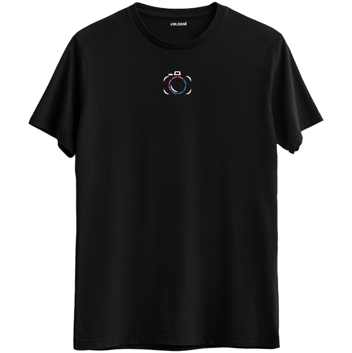 Anıları ölümsüzleştiren minimal kamera baskılı siyah Bisiklet Yaka T-Shirt.