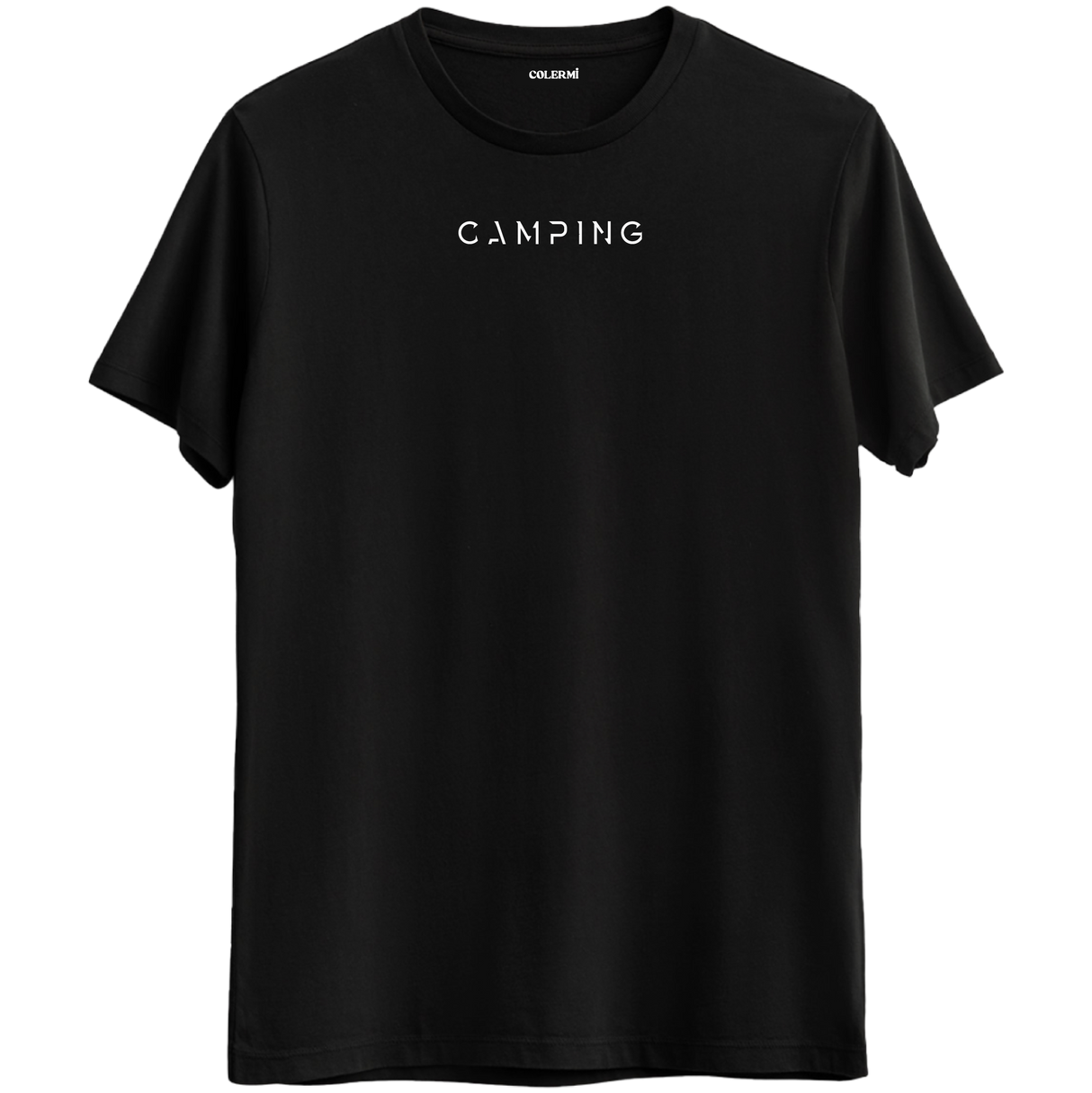 Doğa tutkunları için özel tasarlanmış "Camping" yazılı siyah Bisiklet Yaka T-Shirt.