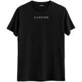Doğa tutkunları için özel tasarlanmış "Camping" yazılı siyah Bisiklet Yaka T-Shirt.