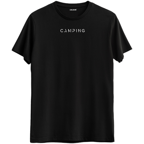 Doğa tutkunları için özel tasarlanmış "Camping" yazılı siyah Bisiklet Yaka T-Shirt.