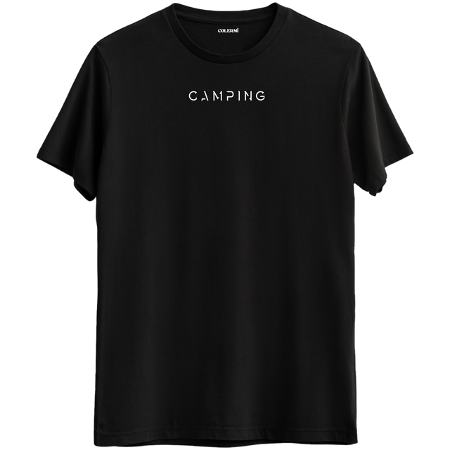 Doğa tutkunları için özel tasarlanmış "Camping" yazılı siyah Bisiklet Yaka T-Shirt.