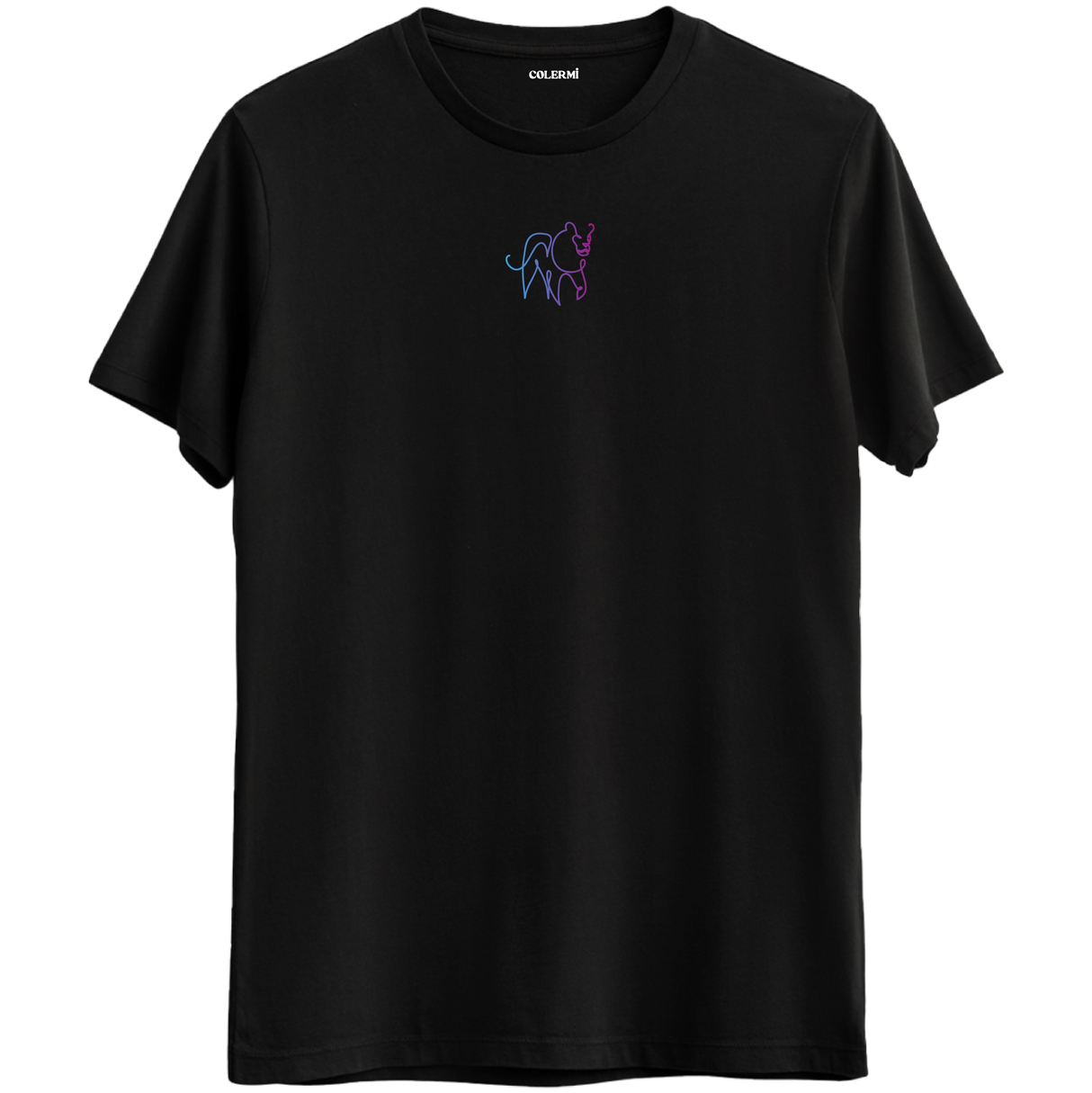 Gücü ve kararlılığı temsil eden minimal gergedan baskılı siyah Bisiklet Yaka T-Shirt.