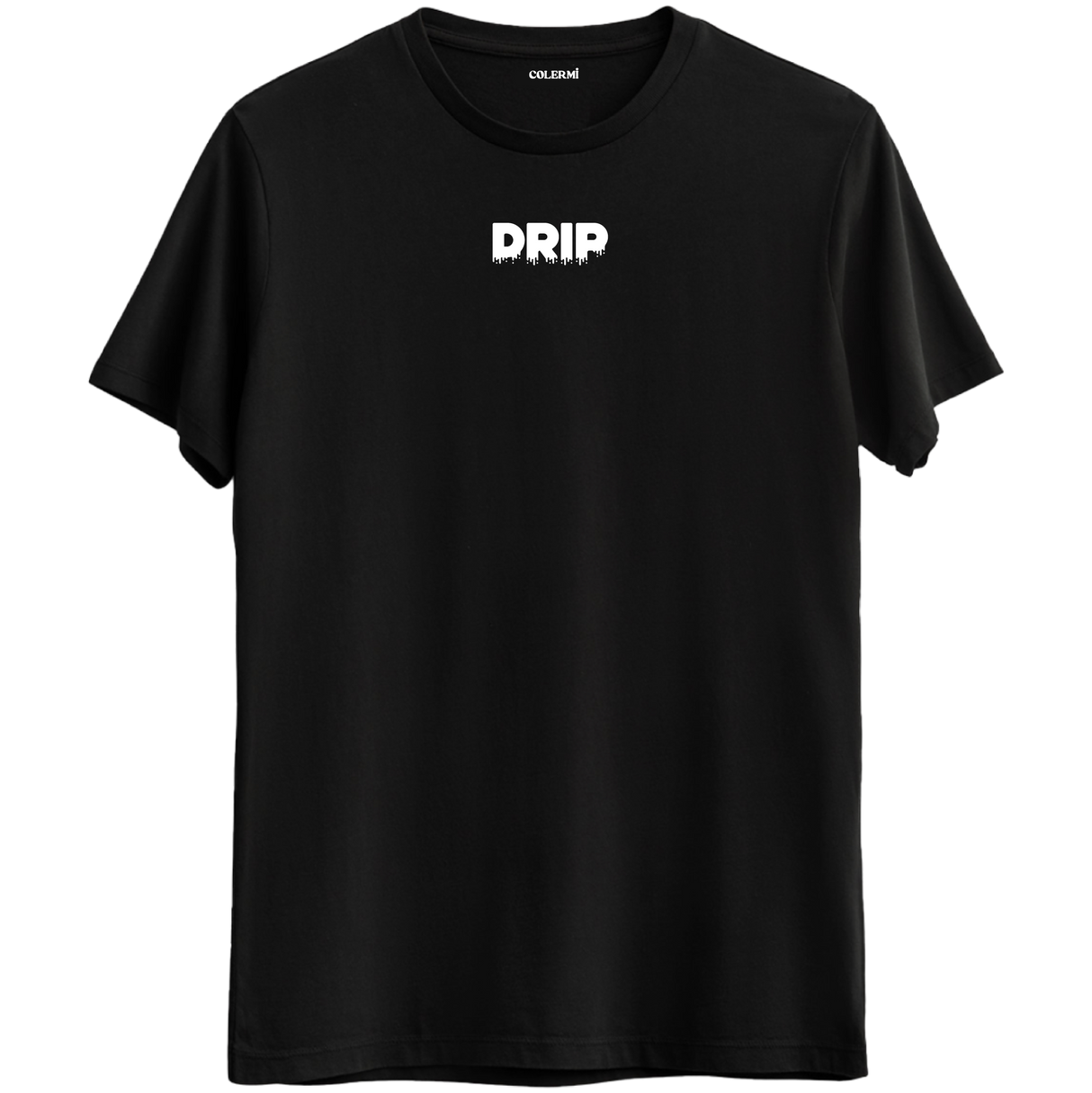 Modern sokak stilini yansıtan "Drip" yazılı siyah Bisiklet Yaka T-Shirt.
