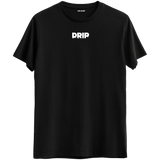 Modern sokak stilini yansıtan "Drip" yazılı siyah Bisiklet Yaka T-Shirt.