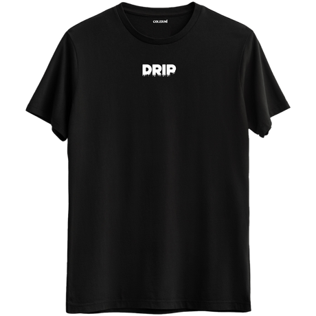 Modern sokak stilini yansıtan "Drip" yazılı siyah Bisiklet Yaka T-Shirt.