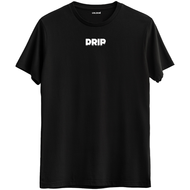 Modern sokak stilini yansıtan "Drip" yazılı siyah Bisiklet Yaka T-Shirt.