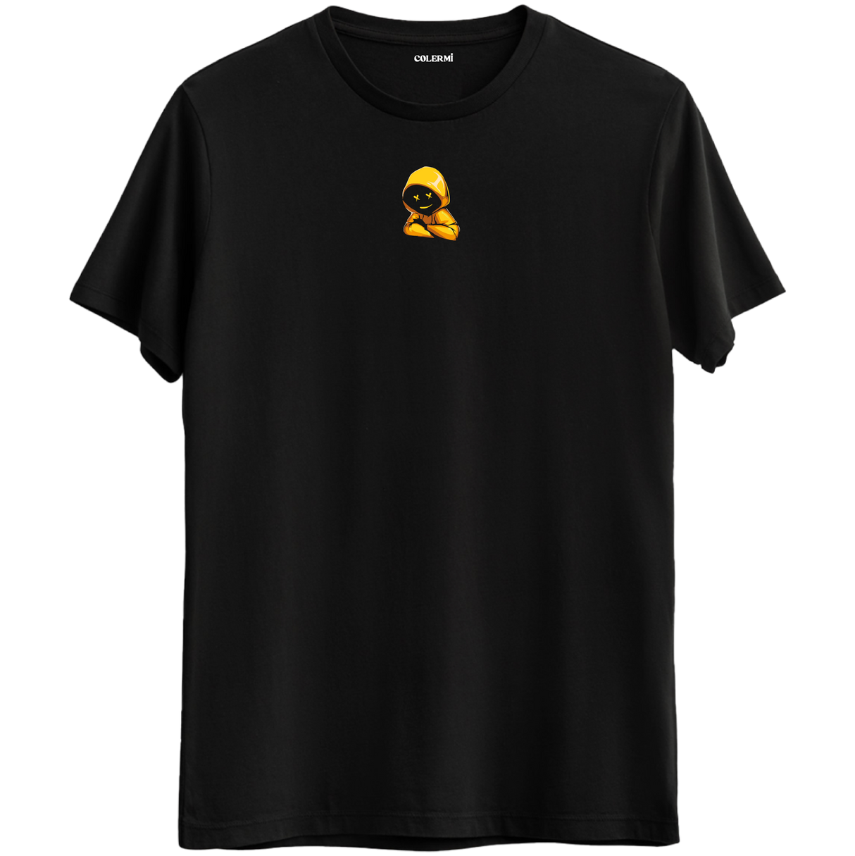 Gizemin ve cool tarzın birleştiği minimal kapüşonlu karakter baskılı siyah Bisiklet Yaka T-Shirt.