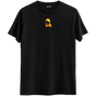 Gizemin ve cool tarzın birleştiği minimal kapüşonlu karakter baskılı siyah Bisiklet Yaka T-Shirt.