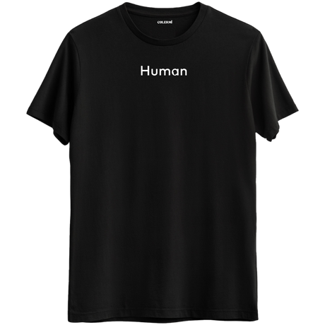 İnsan olmanın anlamını taşıyan minimal "Human" baskılı siyah Bisiklet Yaka T-Shirt.
