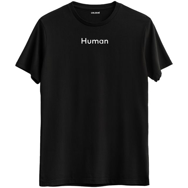 İnsan olmanın anlamını taşıyan minimal "Human" baskılı siyah Bisiklet Yaka T-Shirt.