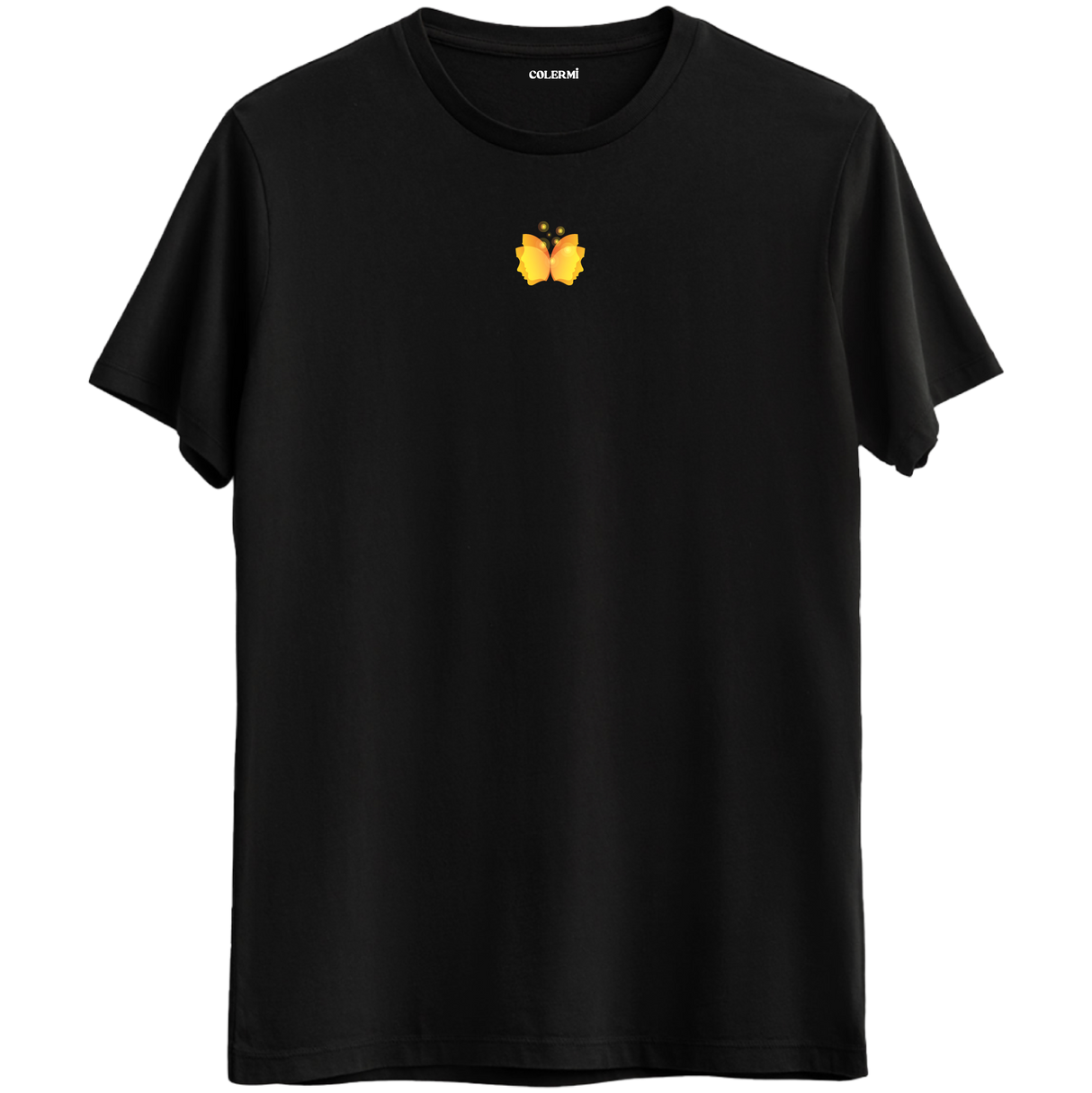 Kelebek etkisinin zarif yansıması olan minimal kelebek baskılı siyah Bisiklet Yaka T-Shirt.