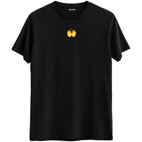 Kelebek etkisinin zarif yansıması olan minimal kelebek baskılı siyah Bisiklet Yaka T-Shirt.