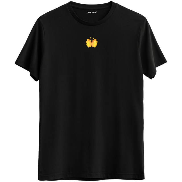 Kelebek etkisinin zarif yansıması olan minimal kelebek baskılı siyah Bisiklet Yaka T-Shirt.