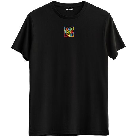 Sevginin en sade halini yansıtan minimal "God Loves You" baskılı siyah Bisiklet Yaka T-Shirt.