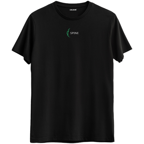 Dengenin ve gücün simgesi olan minimal omurga baskılı siyah Bisiklet Yaka T-Shirt.