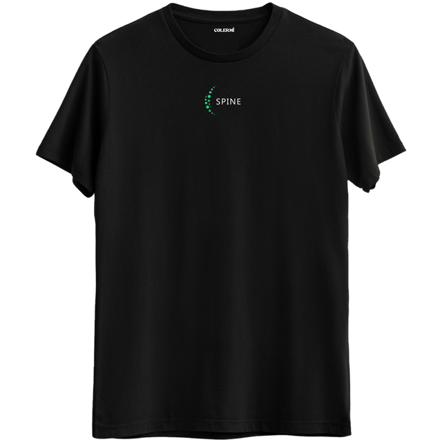 Dengenin ve gücün simgesi olan minimal omurga baskılı siyah Bisiklet Yaka T-Shirt.