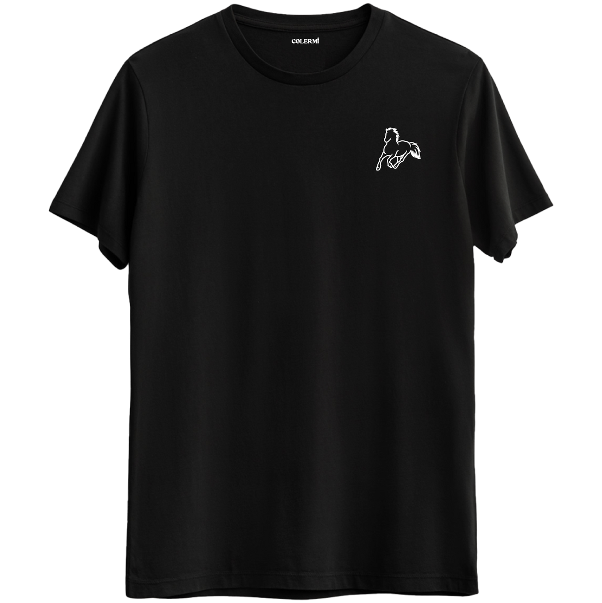 Özgürlüğün ve zarafetin simgesi olan minimal at baskılı siyah Bisiklet Yaka T-Shirt.