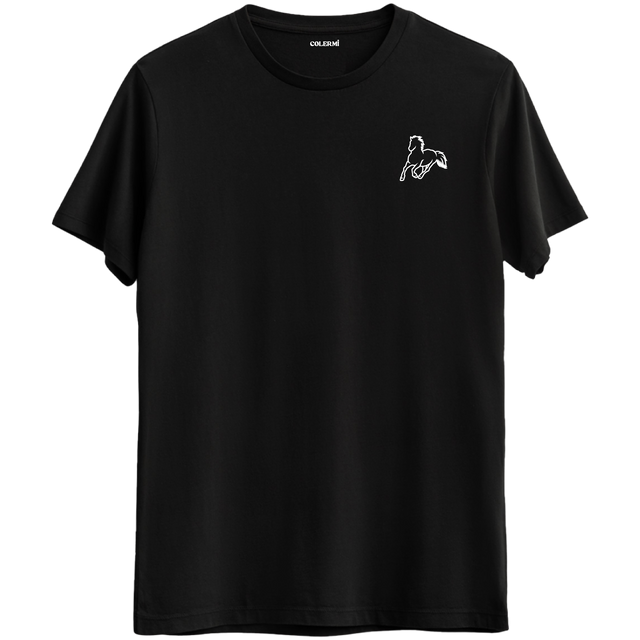 Özgürlüğün ve zarafetin simgesi olan minimal at baskılı siyah Bisiklet Yaka T-Shirt.