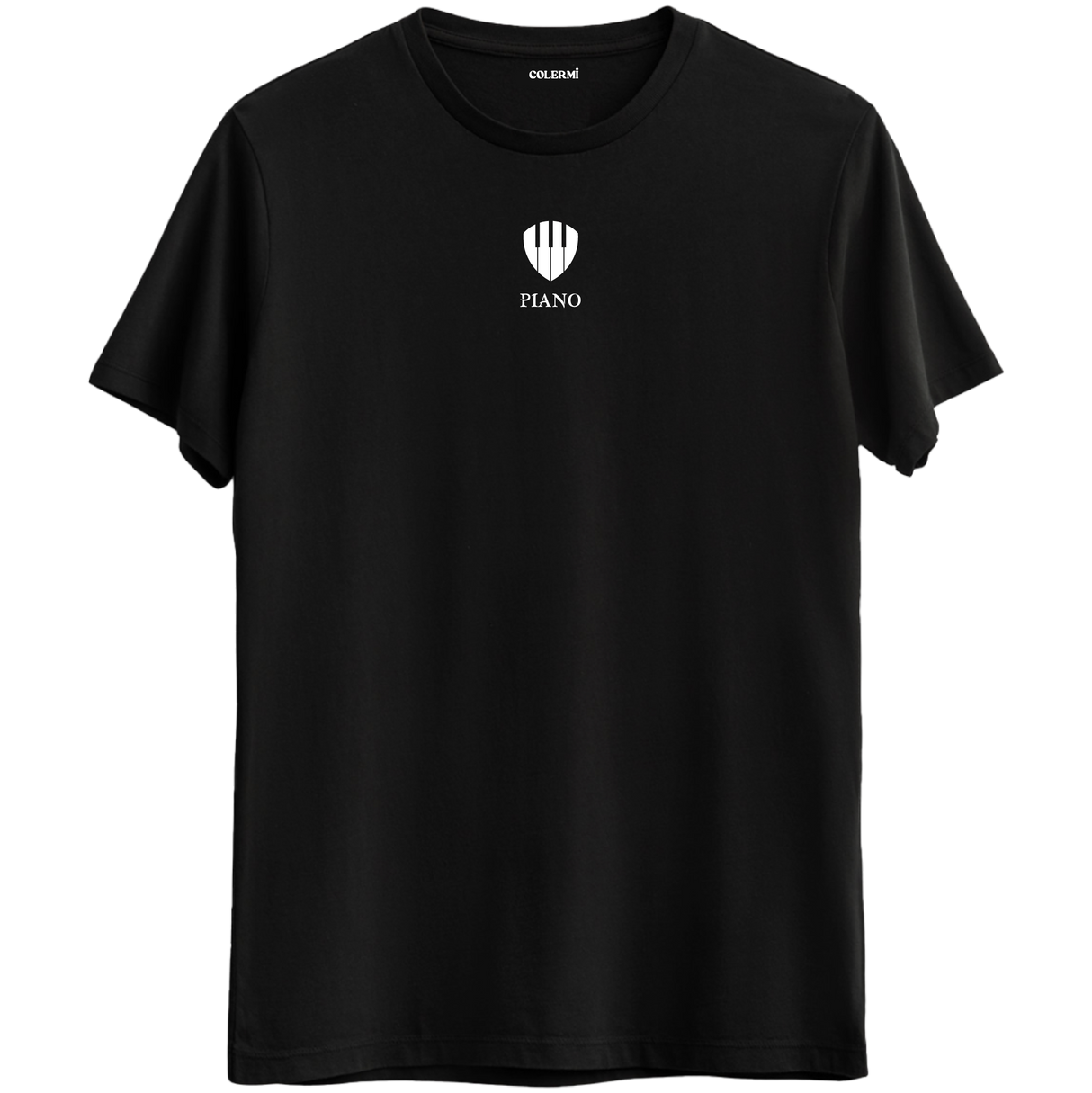 Müziğin zarafetini taşıyan minimal piyano baskılı siyah Bisiklet Yaka T-Shirt.
