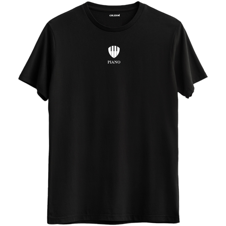 Müziğin zarafetini taşıyan minimal piyano baskılı siyah Bisiklet Yaka T-Shirt.