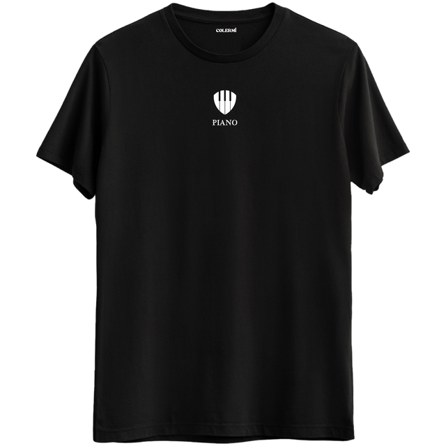 Müziğin zarafetini taşıyan minimal piyano baskılı siyah Bisiklet Yaka T-Shirt.