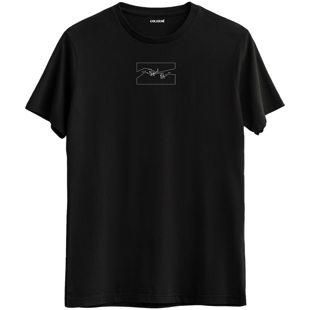 Sanatın zamansız etkisini yansıtan minimal çizgisel dokunuş baskılı siyah Bisiklet Yaka T-Shirt.