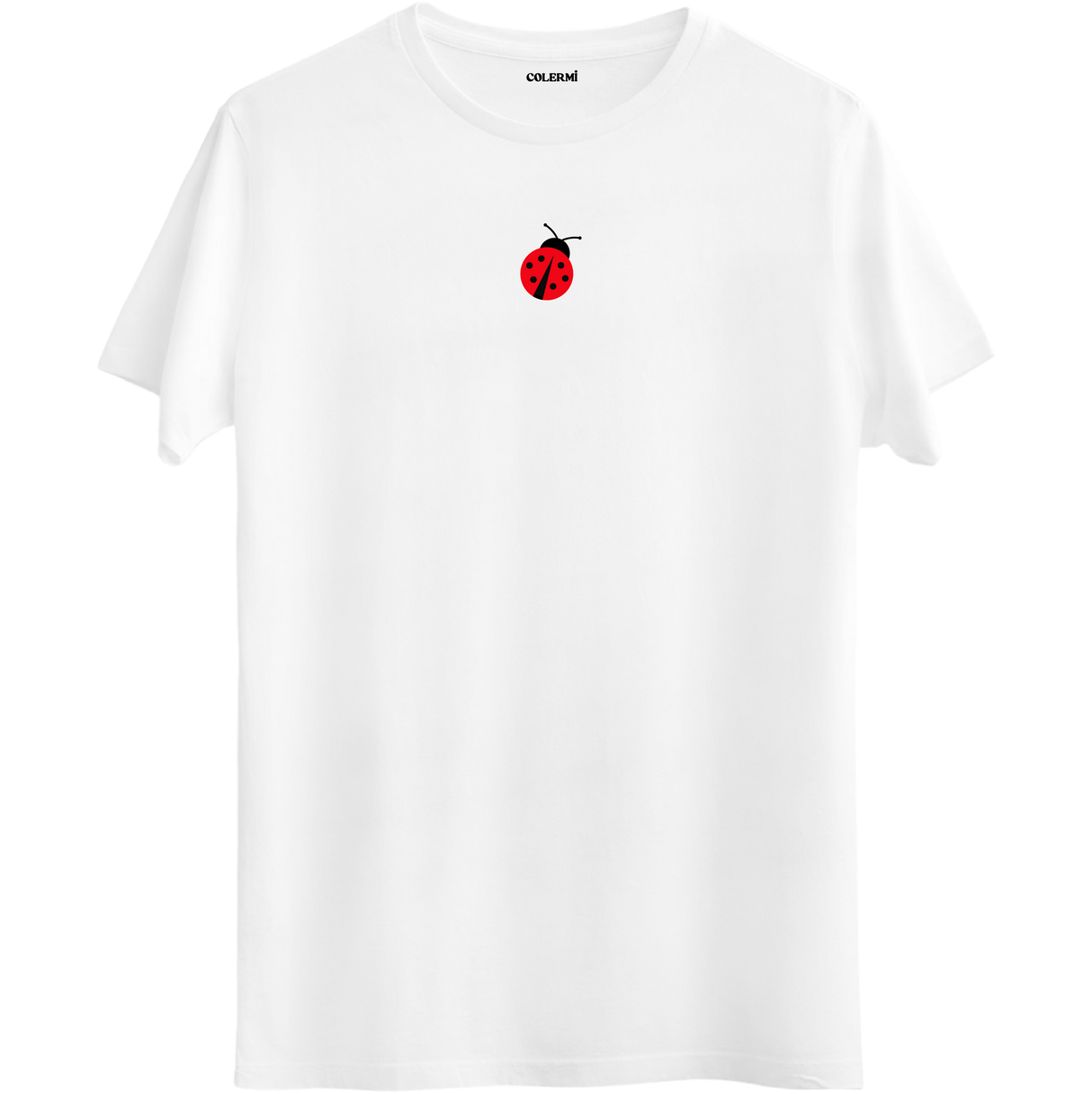 Şansı ve zarafeti yansıtan minimal uğur böceği baskılı beyaz Bisiklet Yaka T-Shirt.