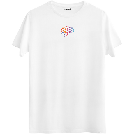 Yaratıcılığı ve düşünce akışını temsil eden minimal beyin baskılı beyaz Bisiklet Yaka T-Shirt.