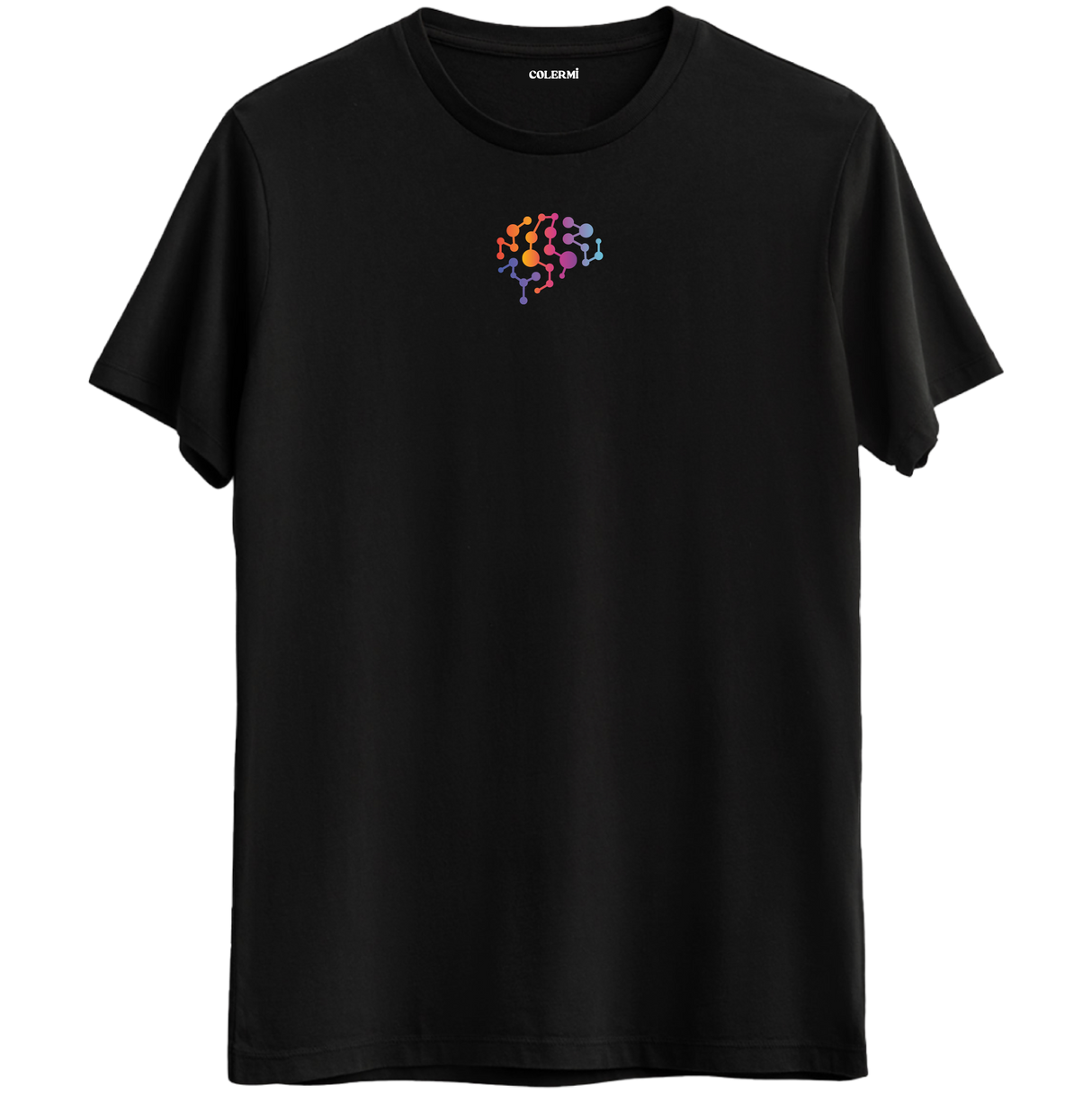 Zihnin sonsuz bağlantılarını yansıtan minimal beyin baskılı siyah Bisiklet Yaka T-Shirt.