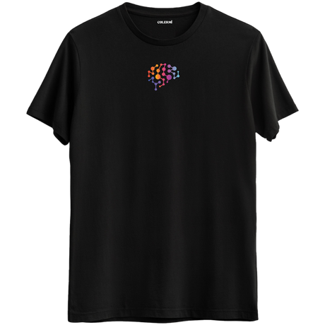 Zihnin sonsuz bağlantılarını yansıtan minimal beyin baskılı siyah Bisiklet Yaka T-Shirt.
