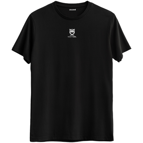 Geceyi simgeleyen, baykuş tasarımlı siyah Bisiklet Yaka T-Shirt.