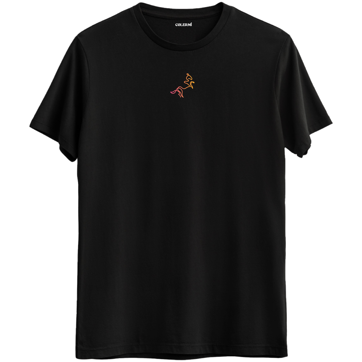 Hareketin ve özgürlüğün akışını simgeleyen minimal çizgili siyah Bisiklet Yaka T-Shirt.