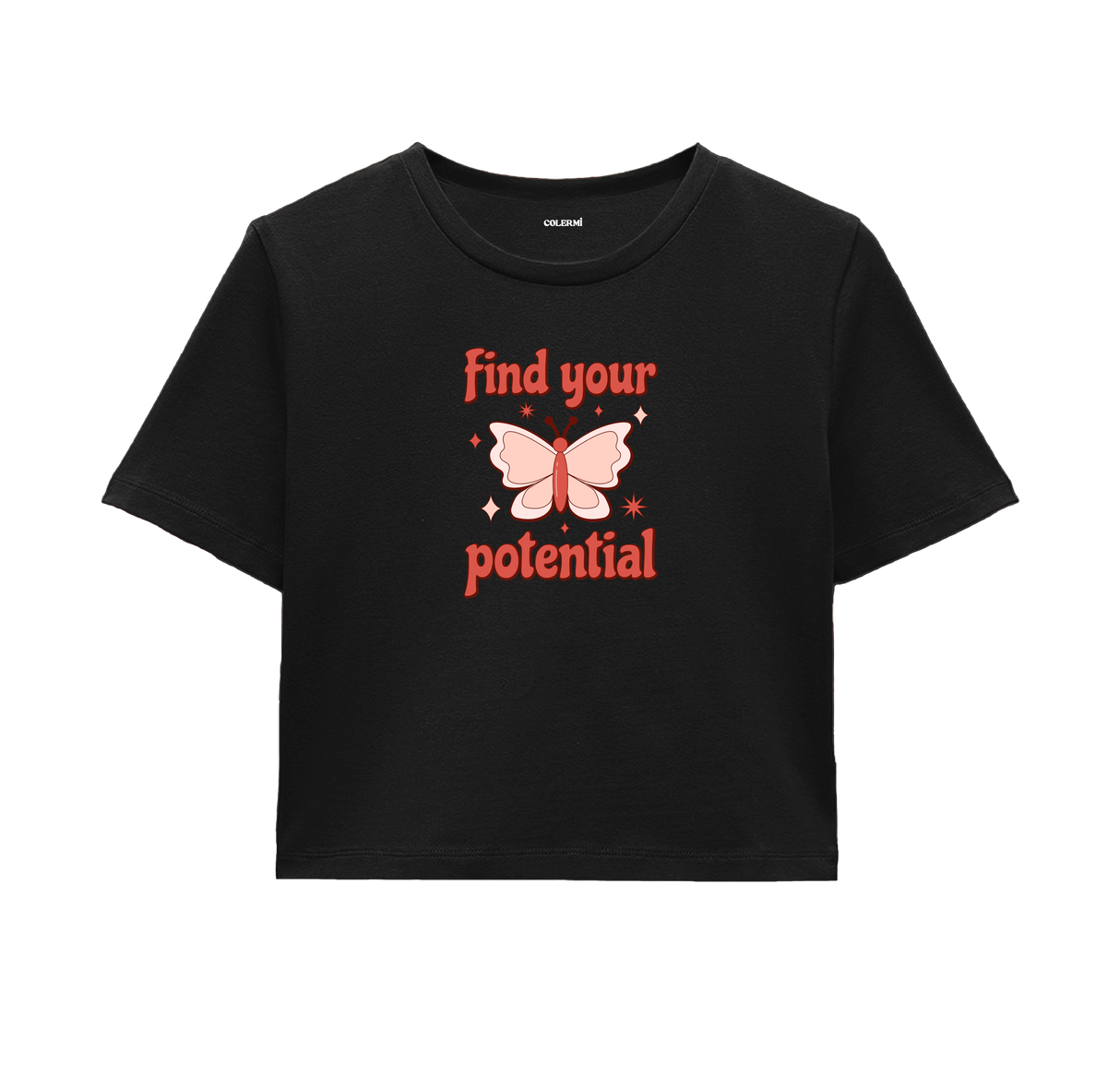 Find Your Potential Crop Top - Bold Red Butterfly Design