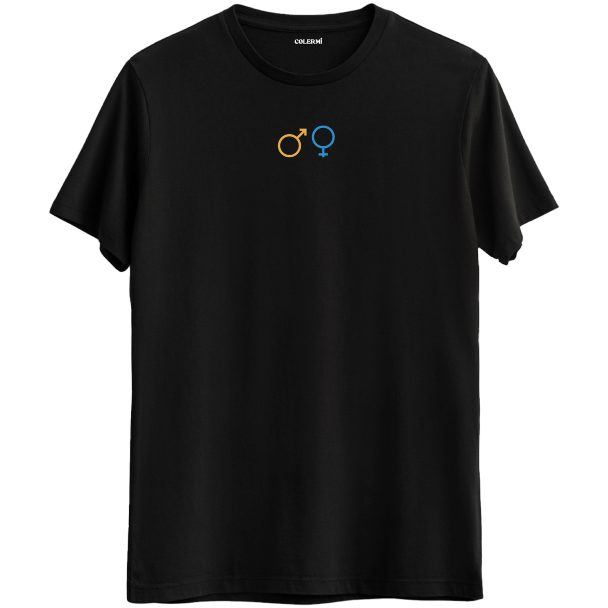 Erkek ve kadın sembolleriyle birlikteliği simgeleyen siyah Bisiklet Yaka T-Shirt.