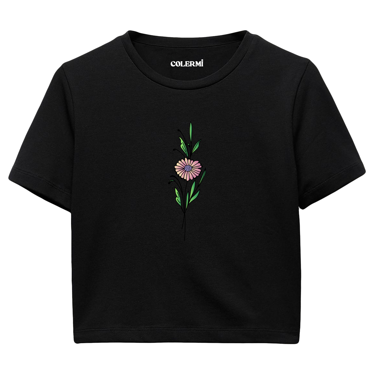 Crop T-Shirt - Minimal Çiçek İllüstrasyonu