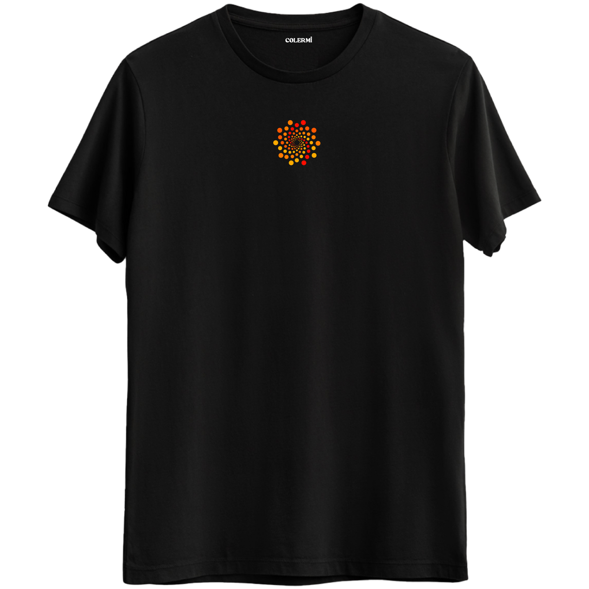 Odak ve dengeyi simgeleyen nokta dizilimiyle siyah Bisiklet Yaka T-Shirt.
