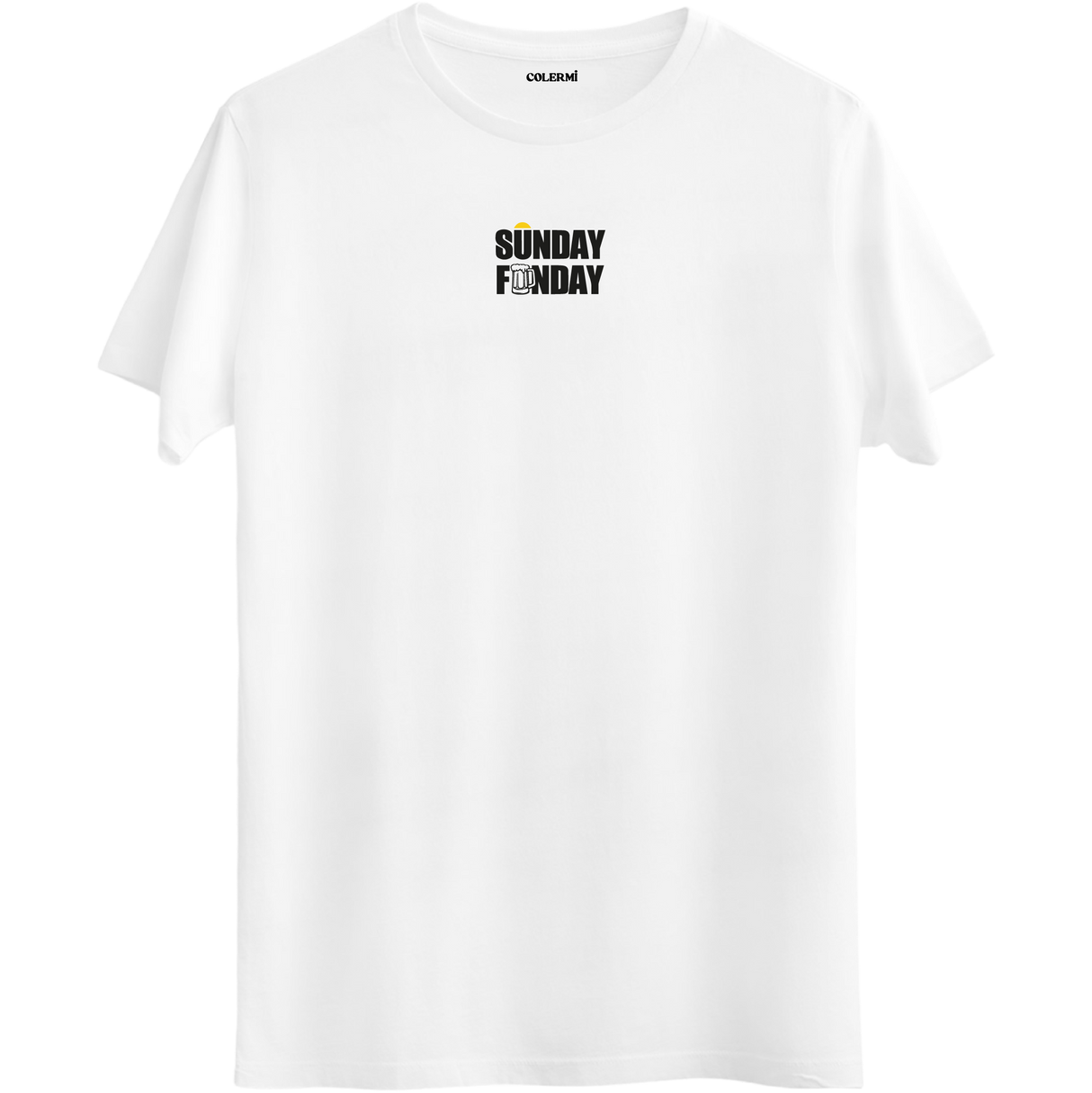 Sunday Funday yazı tasarımıyla hafta sonu enerjisini yansıtan beyaz Bisiklet Yaka T-Shirt.