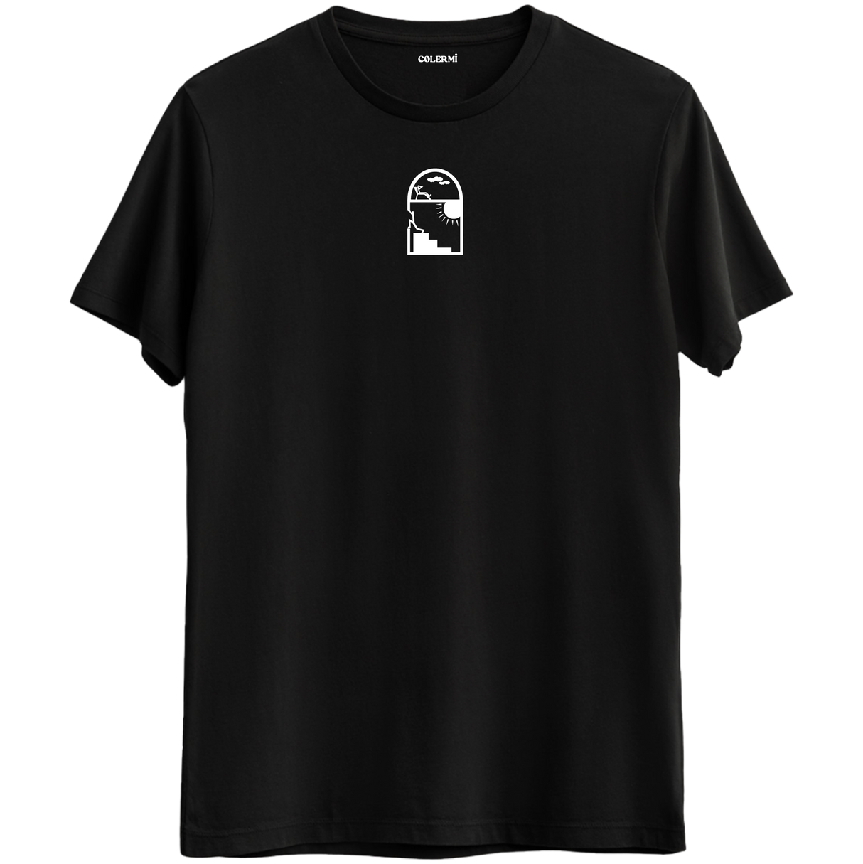 Ufka açılan pencere ve merdiven tasarımlı siyah Bisiklet Yaka T-Shirt.