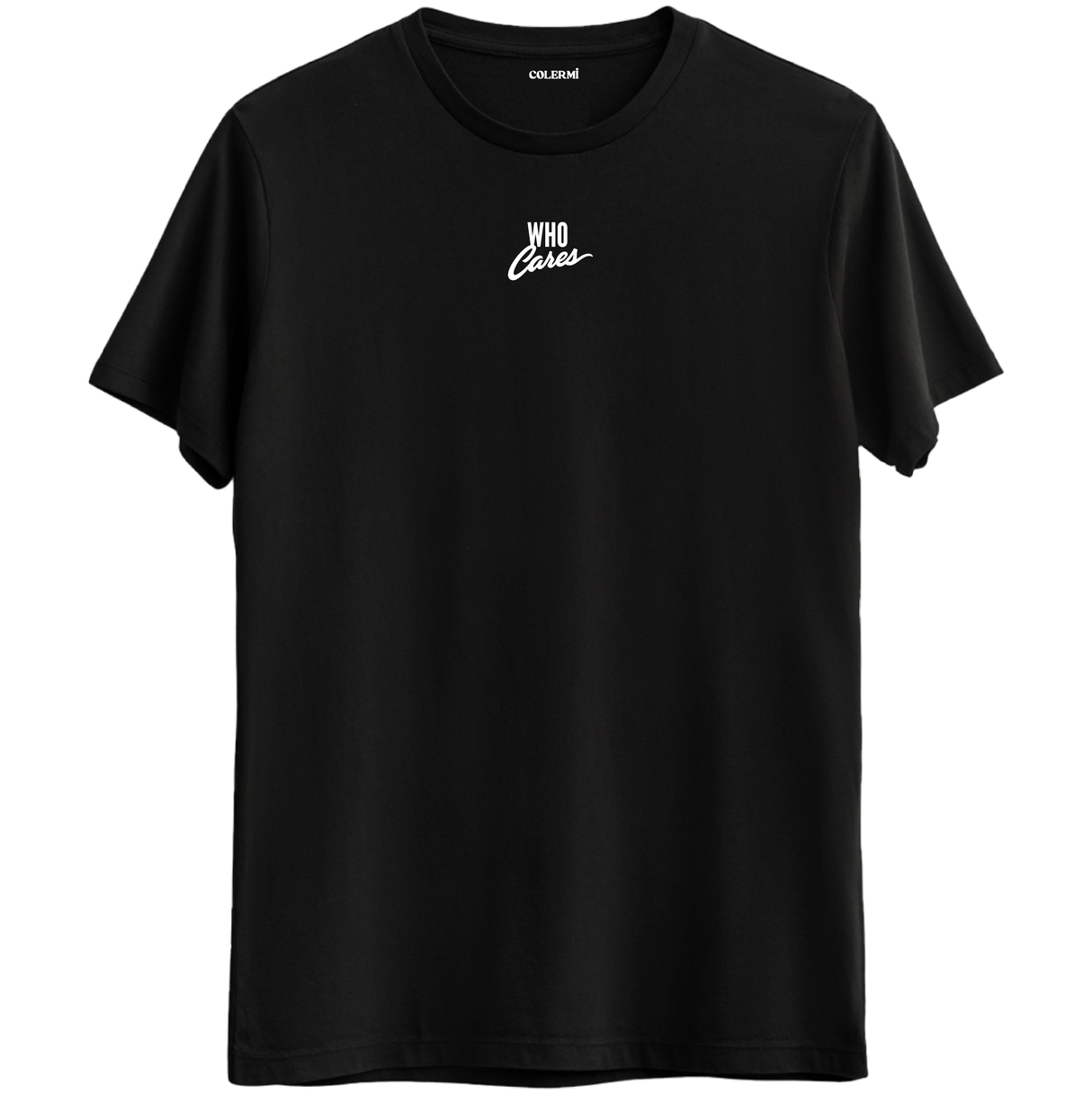 "Who Cares" yazılı umursamazlık ve özgürlüğü simgeleyen Bisiklet Yaka T-Shirt.